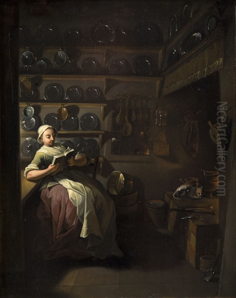 Kitchen Interior with a Girl Reading Oil Painting by Jens Juel