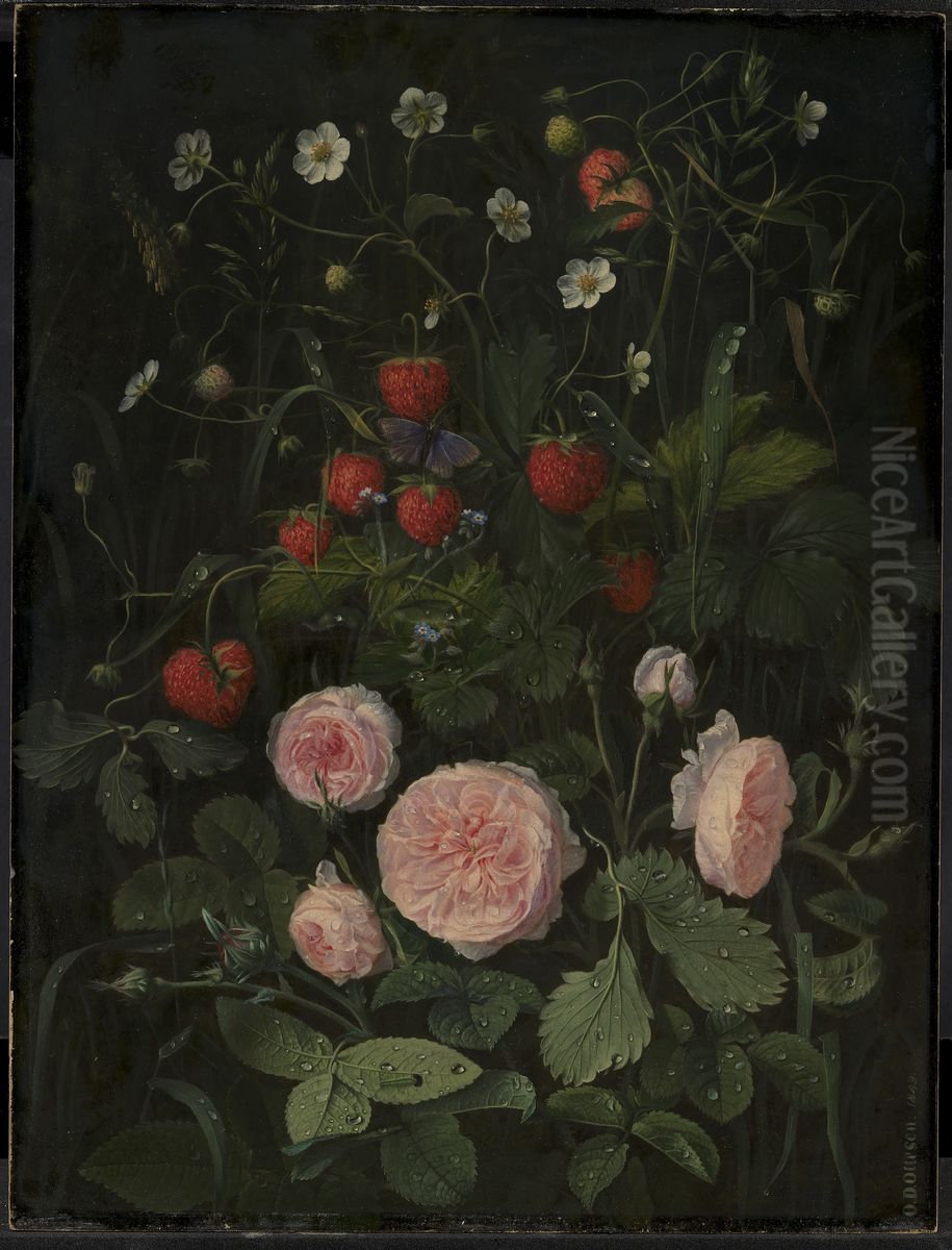 Still Life with Roses and Strawberries Oil Painting by O.D. Ottesen