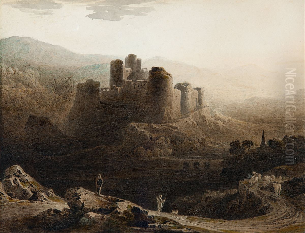 Moonlight - Chepstow Castle Oil Painting by John Martin