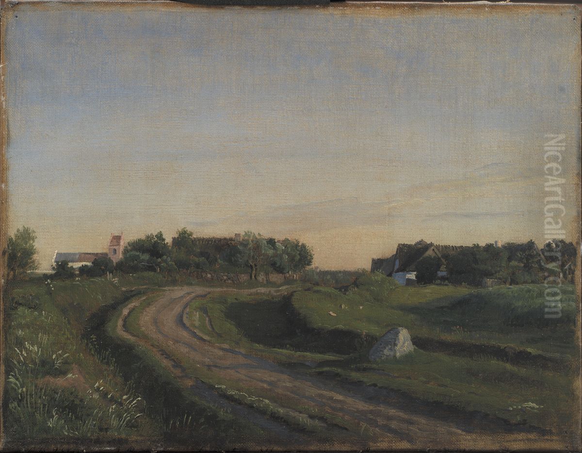 Vejby with the Church seen from the North. Evening Light. Zealand Oil Painting by P. C. Skovgaard