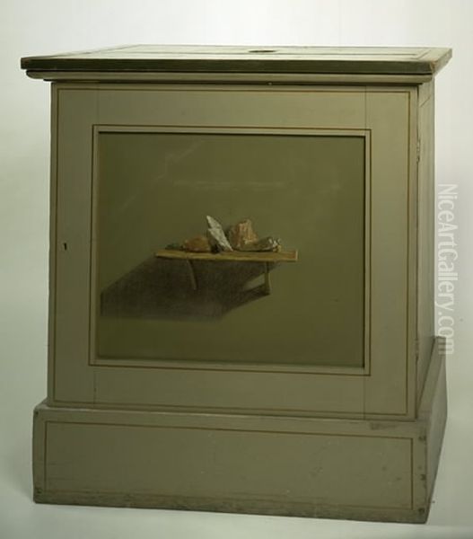 Console Cupboard with af painted motif, shelf with stones Oil Painting by Christen Kobke