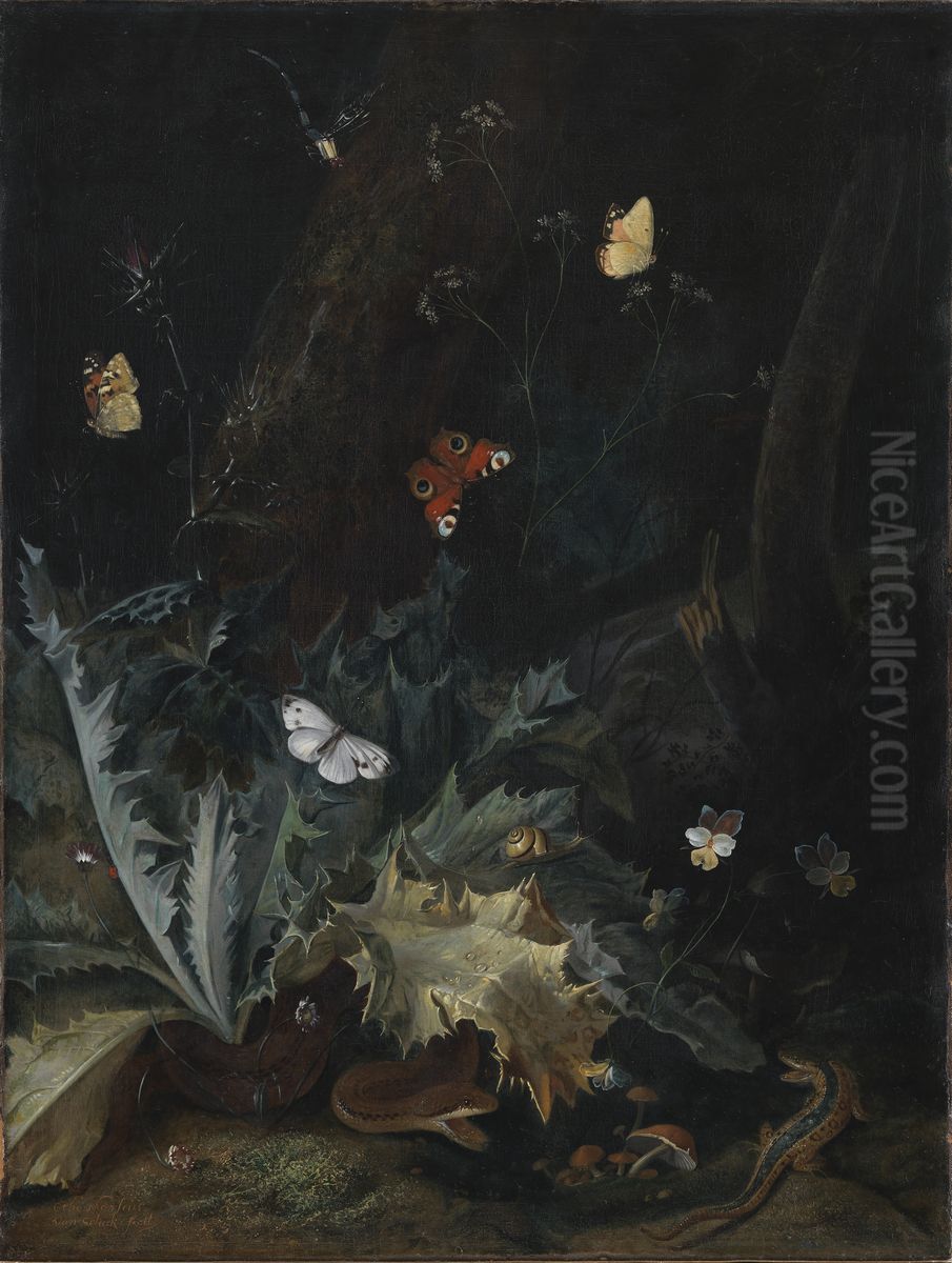 Skovbund med tidsel, en slange, et firben og sommerfugle Oil Painting by Otto Marseus van Schrieck