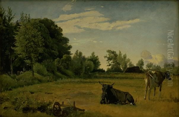 To koer pa en mark ved Vognserup Oil Painting by Johan Lundbye