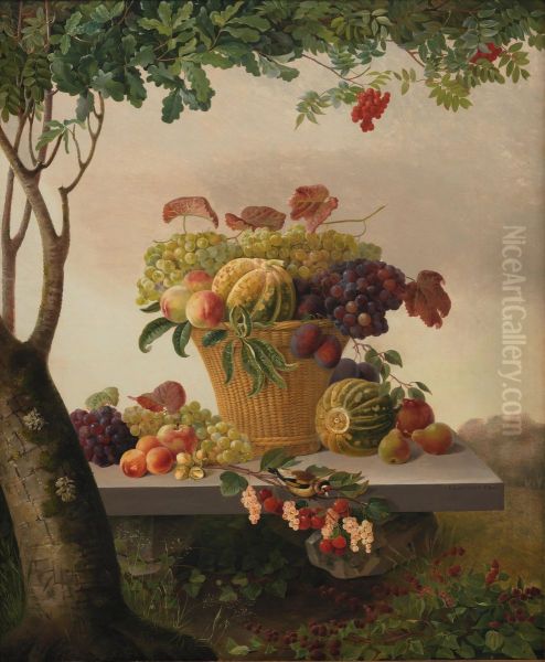 A Basket of Fruit in a Landscape Oil Painting by Christine Lovmand