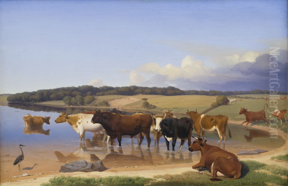 En flok kvaeg har sogt kolighed i en so pa en hed sommerdag Oil Painting by Jorgen Valentin Sonne