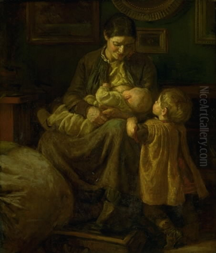 The artist's wife and two children. Oil Painting by Joakim Skovgaard