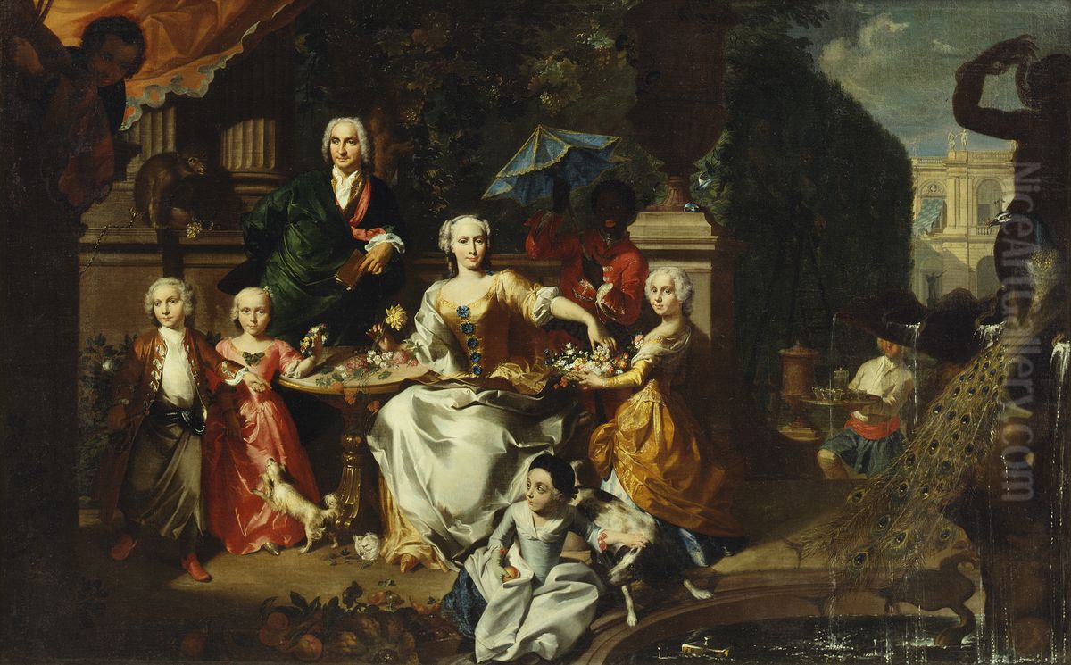 A Family Group on a Terrace in the Grounds of a Villa. Possibly the English Businessman George Jackson and his Family Oil Painting by Carl Marcus Tuscher