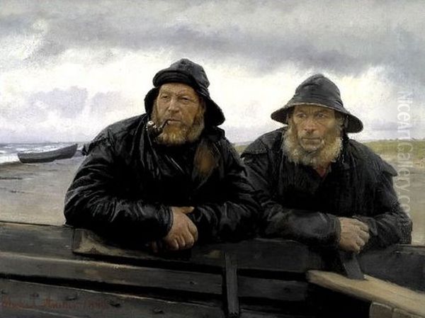 To fiskere ved en bad Oil Painting by Michael Peter Ancher