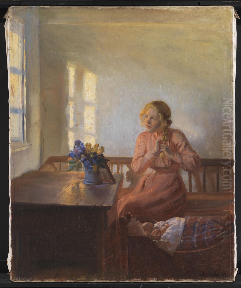 Interior med en ung pige, der fletter sit ha Oil Painting by Anna Ancher