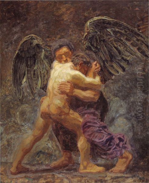 Jakobs kamp med englen Oil Painting by Oluf Hartmann