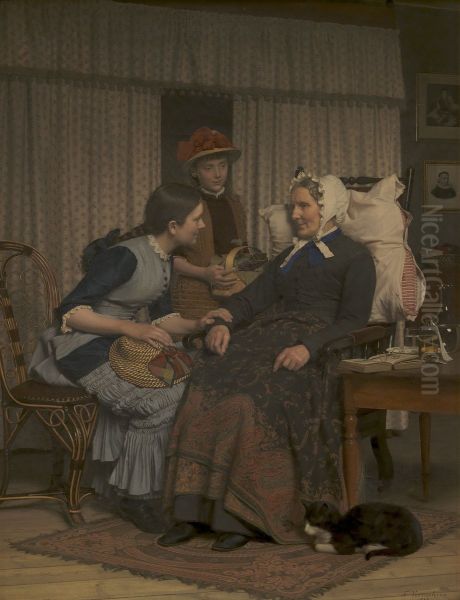 Sygebesog hos det gamle tyende Oil Painting by Frederik Vermehren