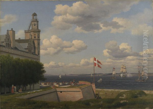 Udsigt fra Kronborg Vold over flagbatteriet og Sundet til den svenske kyst Oil Painting by Christoffer Wilhelm Eckersberg