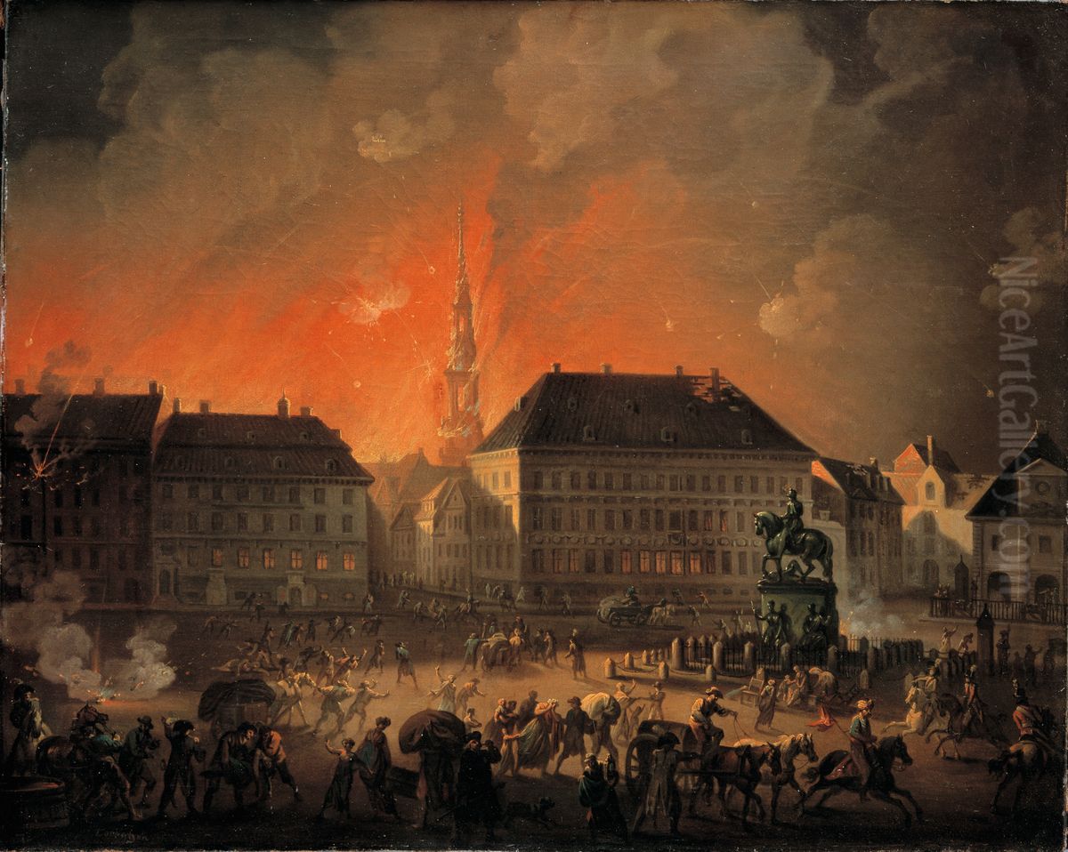 Den raedsomste Nat. Kongens Nytorv under bombardementet natten mellem 4. og 5. september 1807, Oil Painting by Christian August Lorentzen