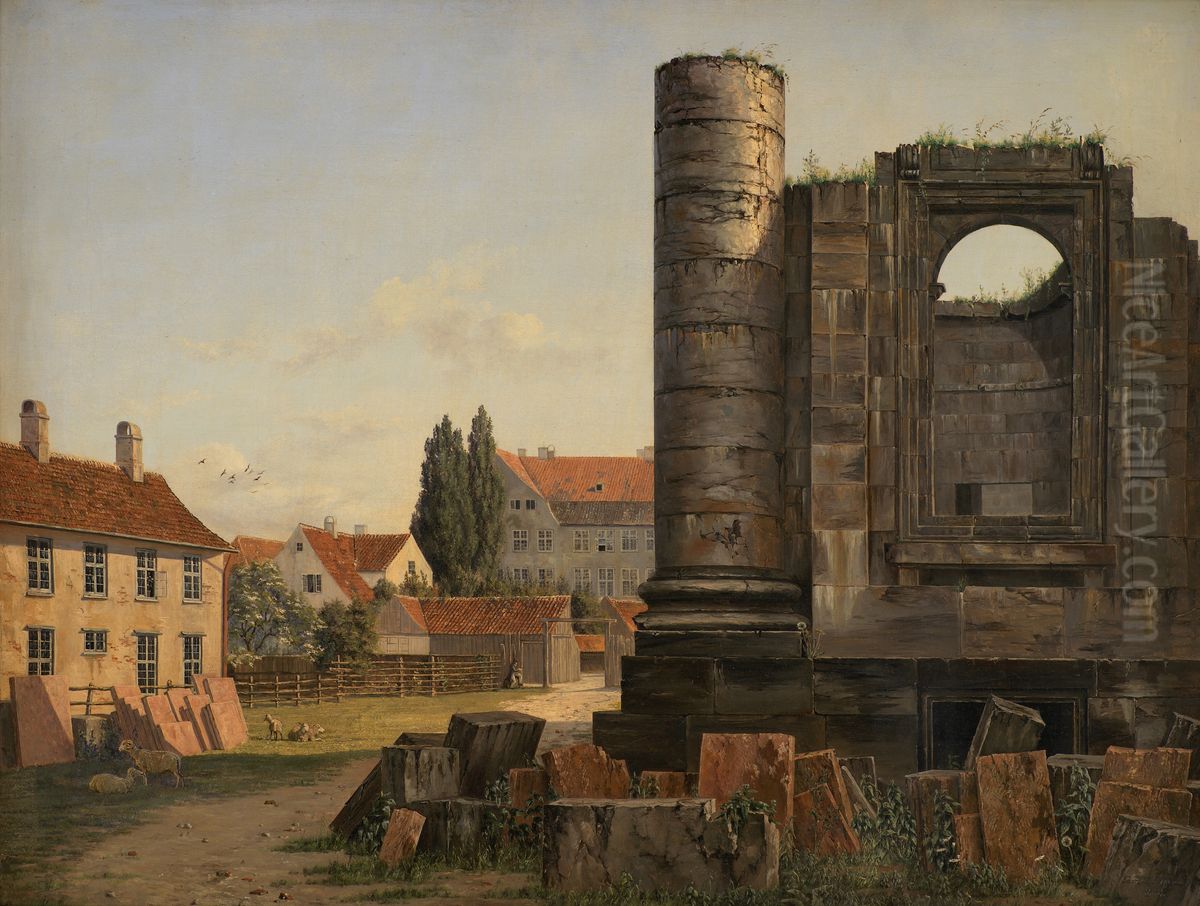 Parti af Marmorpladsen med ruinerne af den ufuldforte Frederikskirke Oil Painting by Thorald Laessoe