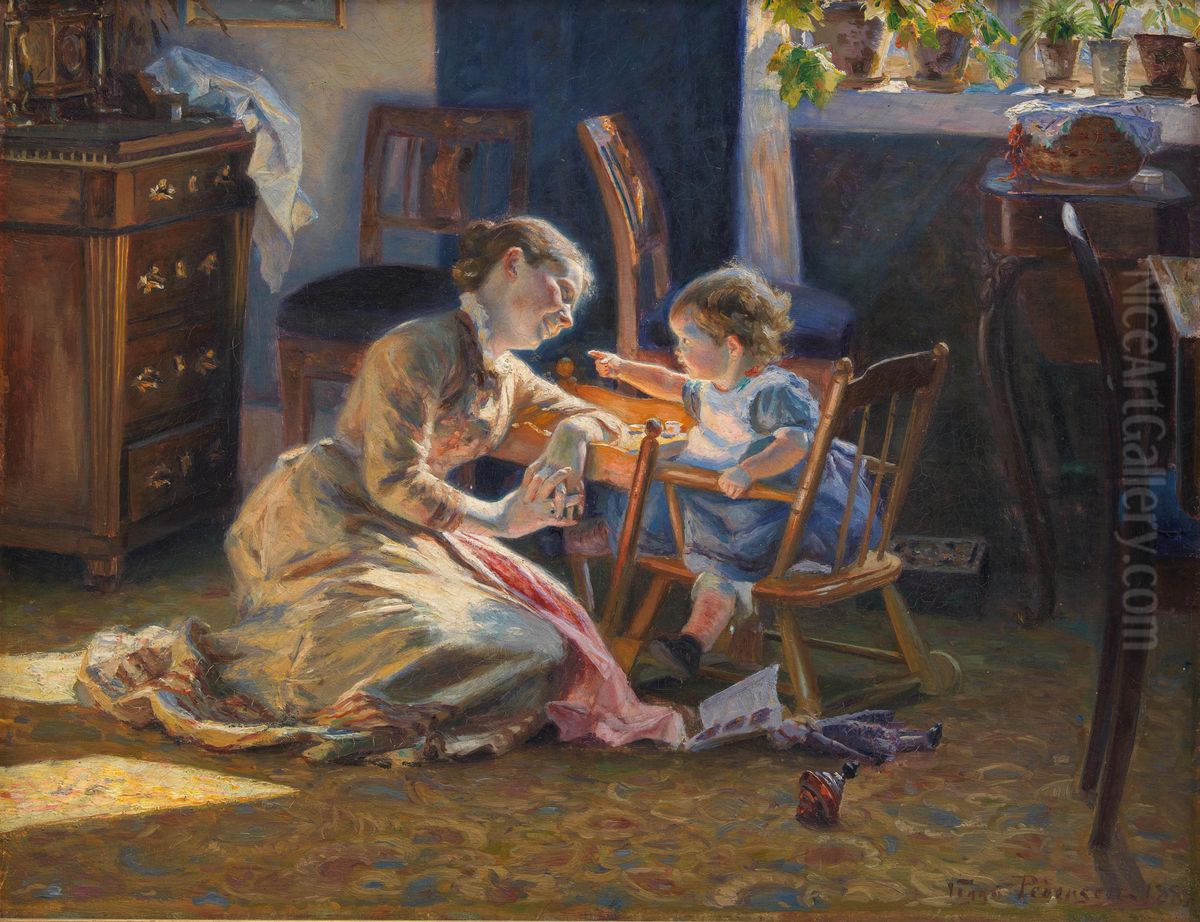 Solskin i dagligstuen. Kunstnerens hustru og barn Oil Painting by Viggo Christian Frederik Vilhelm Pedersen