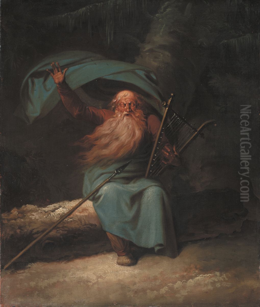Ossian. Den gamle blinde skotske barde synger til harpen sin svanesang Oil Painting by Nicolai Abildgaard