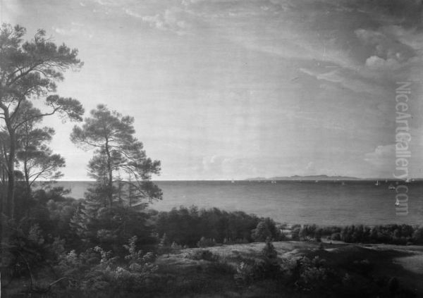 View from the North Coast of Sealand towards Kullen in Sweden. Summer Evening Oil Painting by P. C. Skovgaard