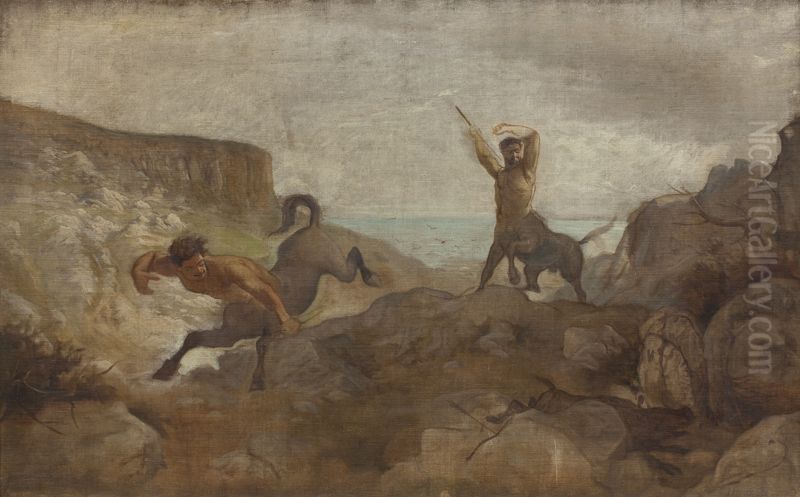 Centaurs Hunting Boars Oil Painting by Ludvig Abelin Schou