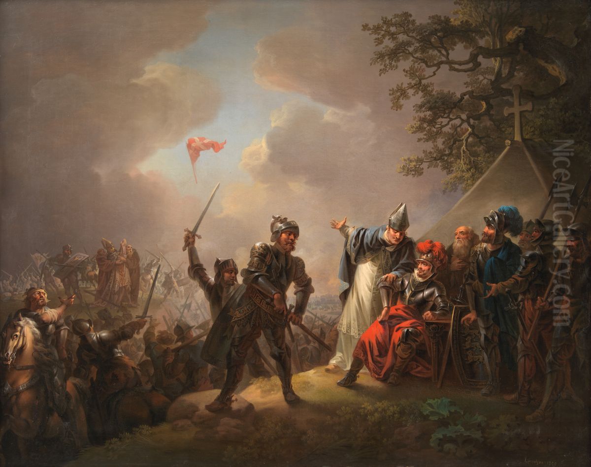 Dannebrogfalling from the sky during the Battle of Lyndanisse, June 15, 1219 Oil Painting by Christian August Lorentzen