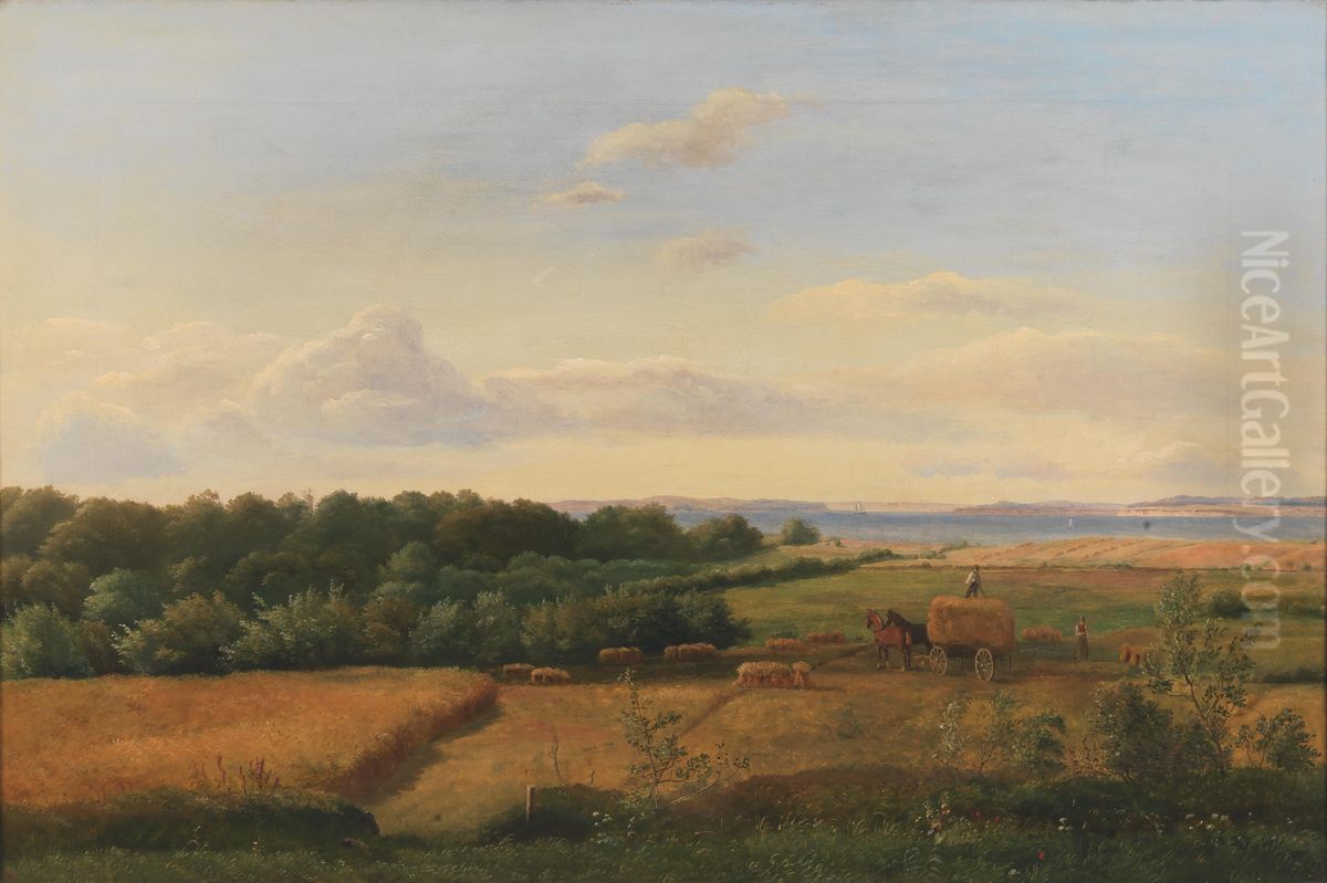 A Funen Landscape at Harvest Time with Wedellsborghoved in the Background Oil Painting by Dankvart Dreyer