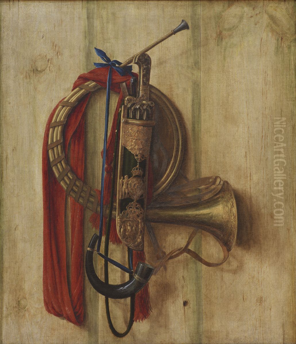 Trompe l'Oeil with Christian V's equipment for Riding to Hounds Oil Painting by Cornelis Norbertus Gijsbrechts