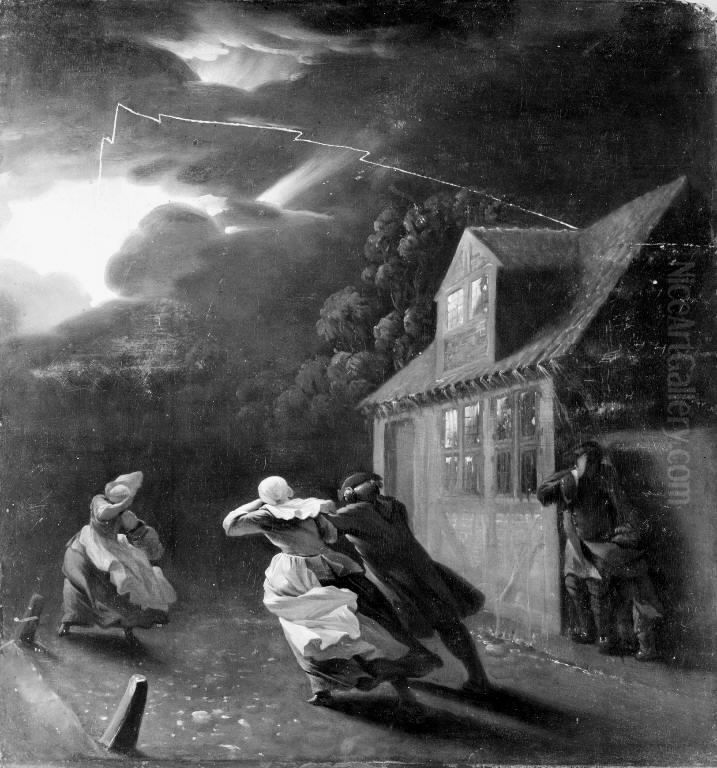 Tordenvejr i udkanten af en by Oil Painting by Jens Juel