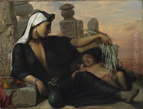 An Egyptian Fellah Woman with her Baby Oil Painting by Elisabeth Baumann