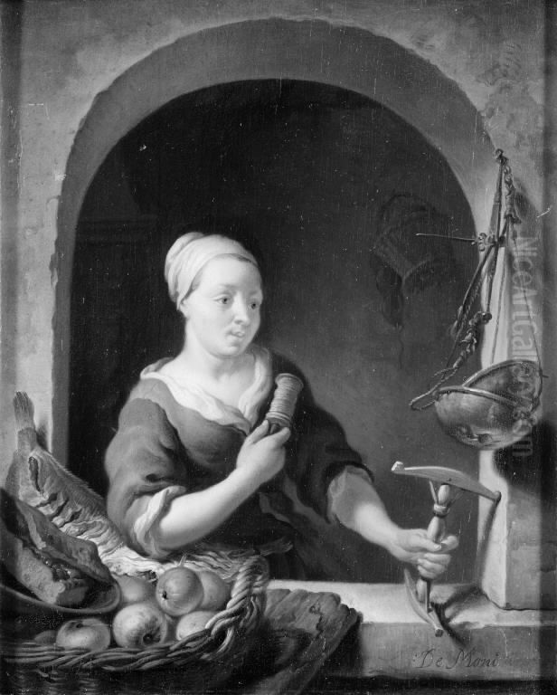 Girl with a Distaff Oil Painting by Louis de Moni