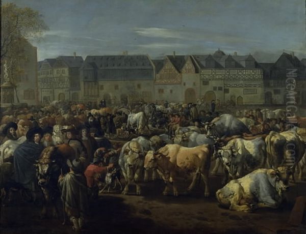 A Cattle Fair Oil Painting by Johann Heinrich Roos