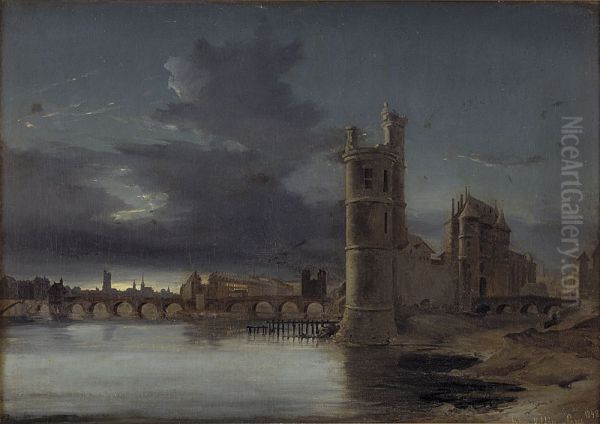 Paris, showing Tour St. Jacques and Notre Dame. Evening. Oil Painting by Anton Melbye