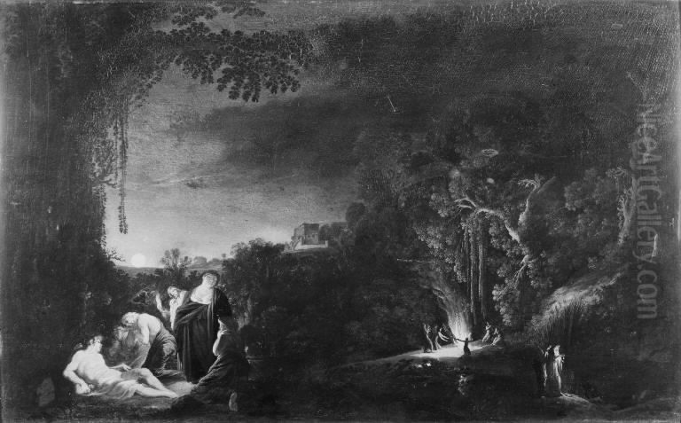 Maneskinslandskab med mytologisk (?) motiv Oil Painting by Moses van Uyttenbroeck