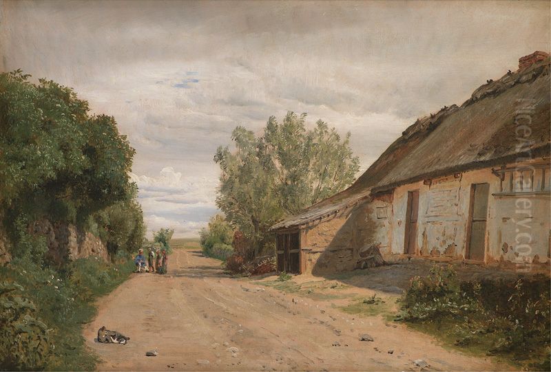 I udkanten af landsbyen Vejby. Lundbye sidder ved vejkanten og tegner Oil Painting by P. C. Skovgaard