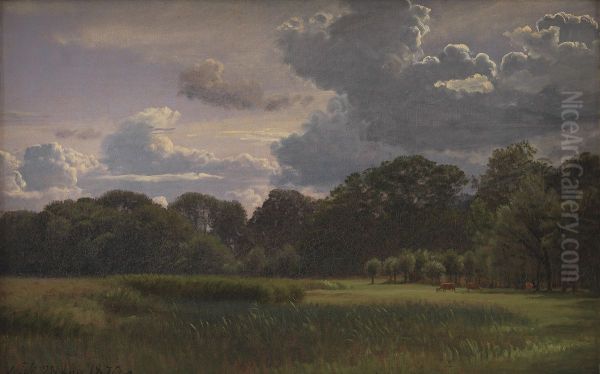 Optraekkende tordenbyge over Nyso Have og Fribedet Oil Painting by P. C. Skovgaard