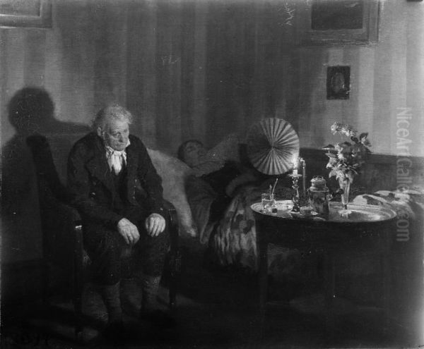 Rahbek ved sin hustrus dodsleje Oil Painting by Carl Christian Frederik Jacob Thomsen