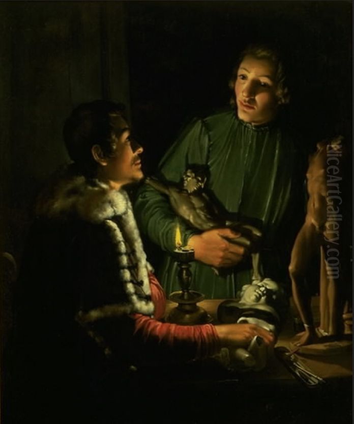 Two Sculptors at Night in Rome. Double Portrait of Francois Duquesnoy and Georg Petel Oil Painting by Adam de Coster