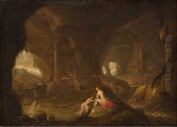 Bathing Nymphs in a Landscape Oil Painting by Cornelius van Poelenburgh