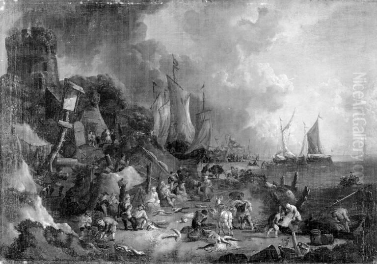 Mountainous Coast with Fishing Boats and Fishermen on the Beach Oil Painting by Lucas Smout the Younger