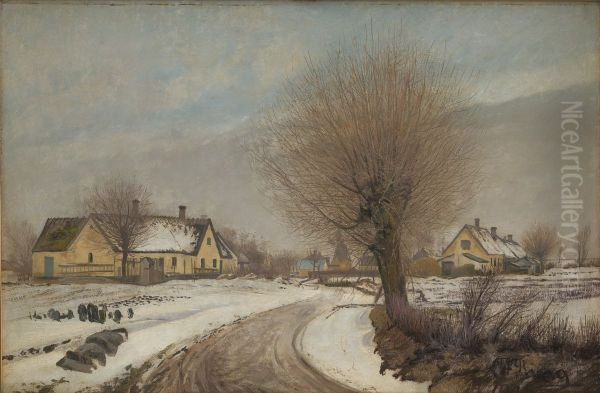 Vinterdag med sne i Baldersbroende Oil Painting by Laurits Andersen Ring