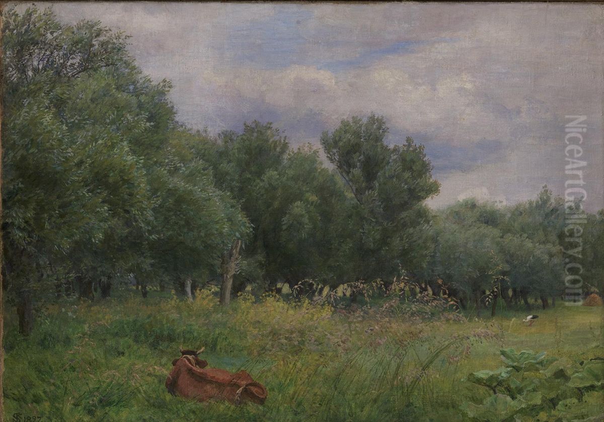 Pile pa en eng ved Nyso Oil Painting by Niels Skovgaard