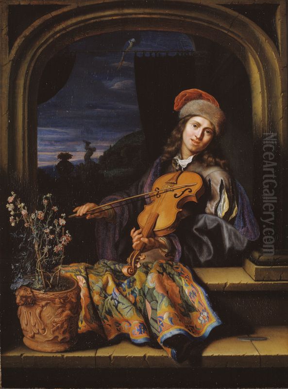 A Violin Player Oil Painting by Caspar Netscher