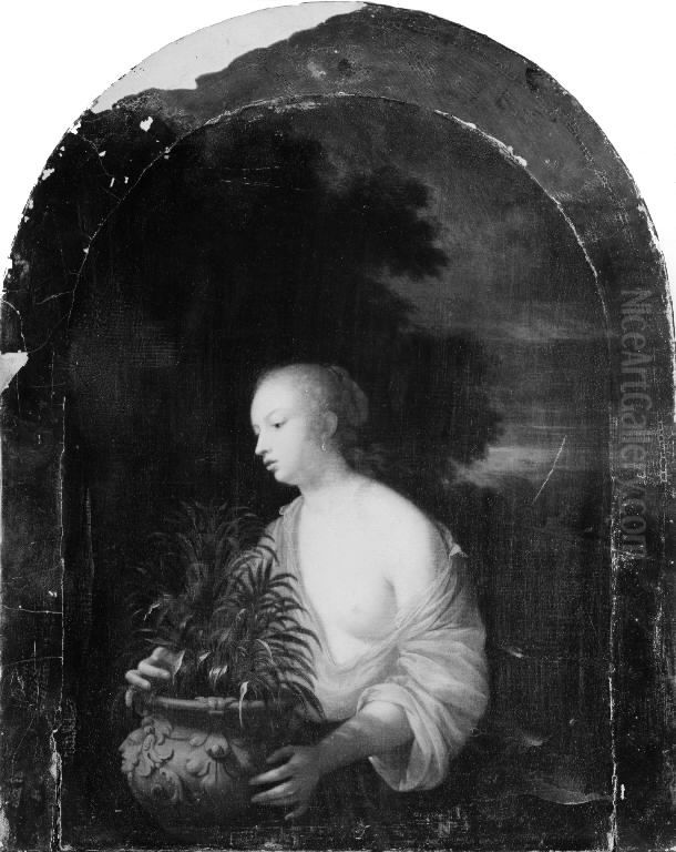 A Young Girl with a Vase of Flowers Oil Painting by Adriaen Van Der Werff