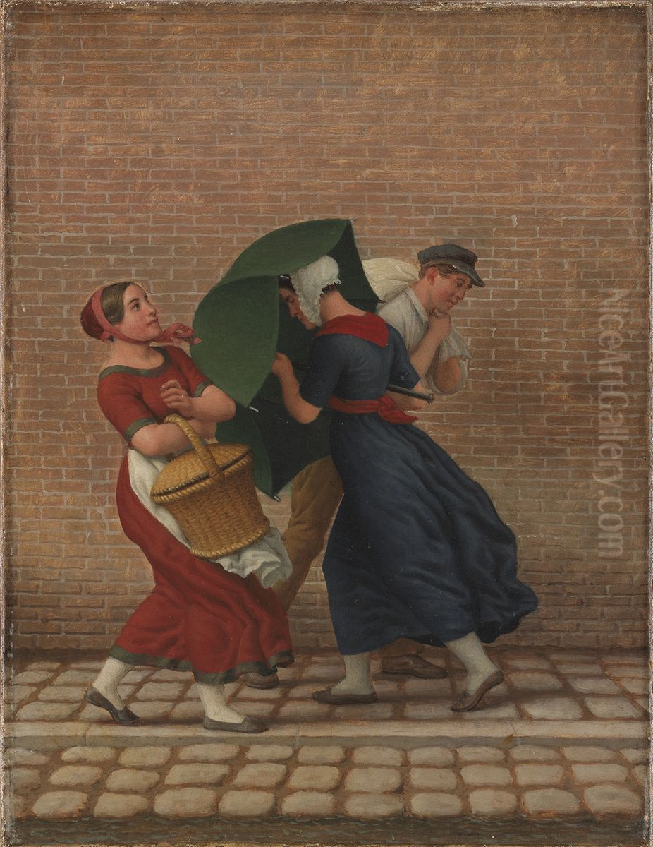 Gadescene i blaest og regn Oil Painting by Christoffer Wilhelm Eckersberg