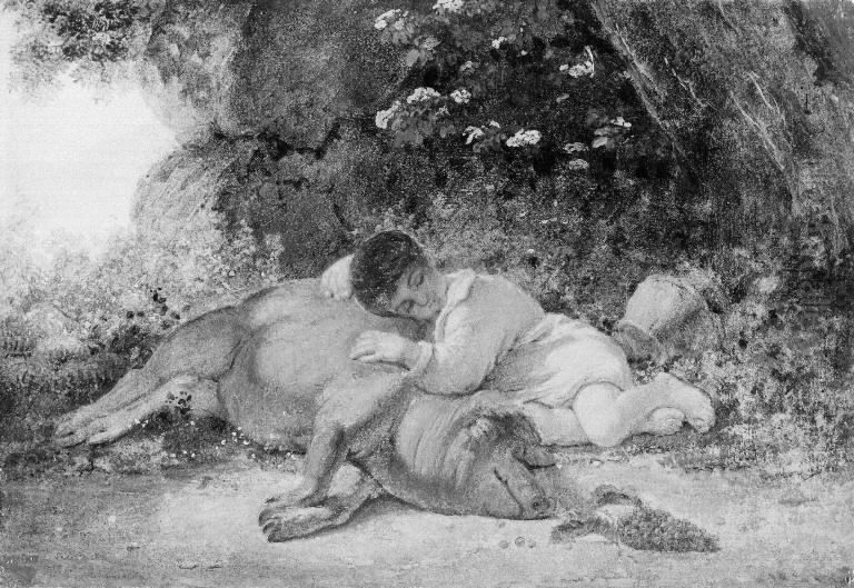 Two Friends. A Boy Sleeping beside a Pig Oil Painting by Ernst Meyer