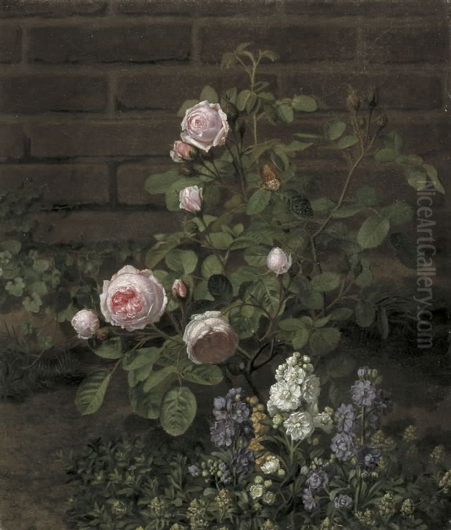 Et mosrosetrae omgivet af sommerblomster Oil Painting by O.D. Ottesen