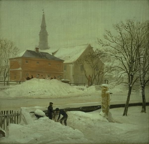 Udsigt fra kunstnerens bolig i Loweners ejendom pa Christianshavn. Vinterdag med sne Oil Painting by P. C. Skovgaard