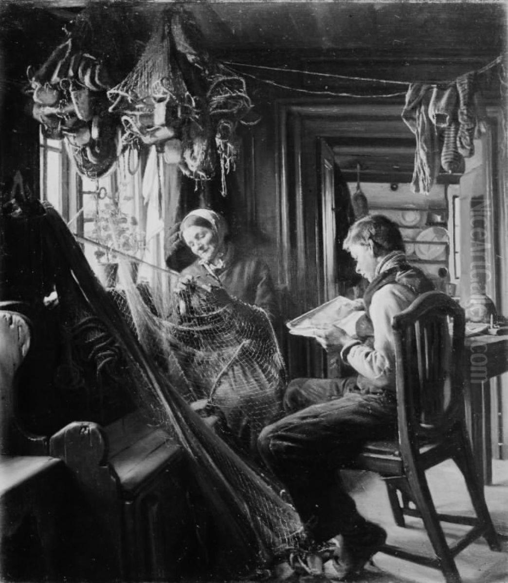 Moder og son. Interior fra et fiskerhus Oil Painting by Viggo Johansen