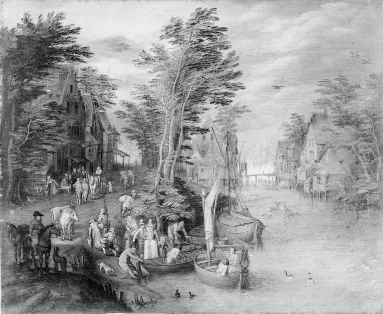 Village at a River Oil Painting by Peeter Gijsels