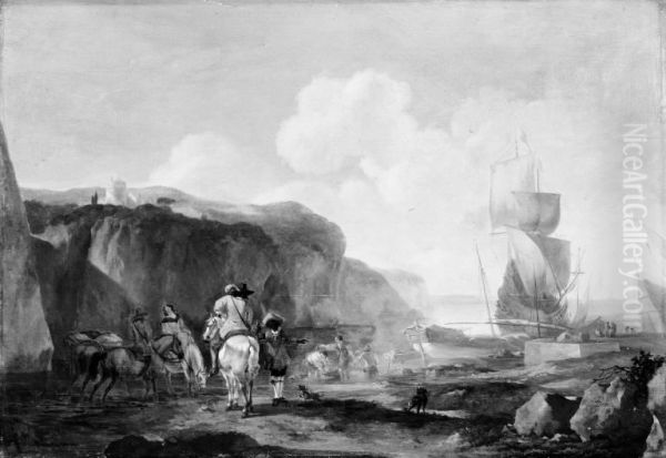 Hunting Party by a Southern Harbour Oil Painting by Abraham Begeyn