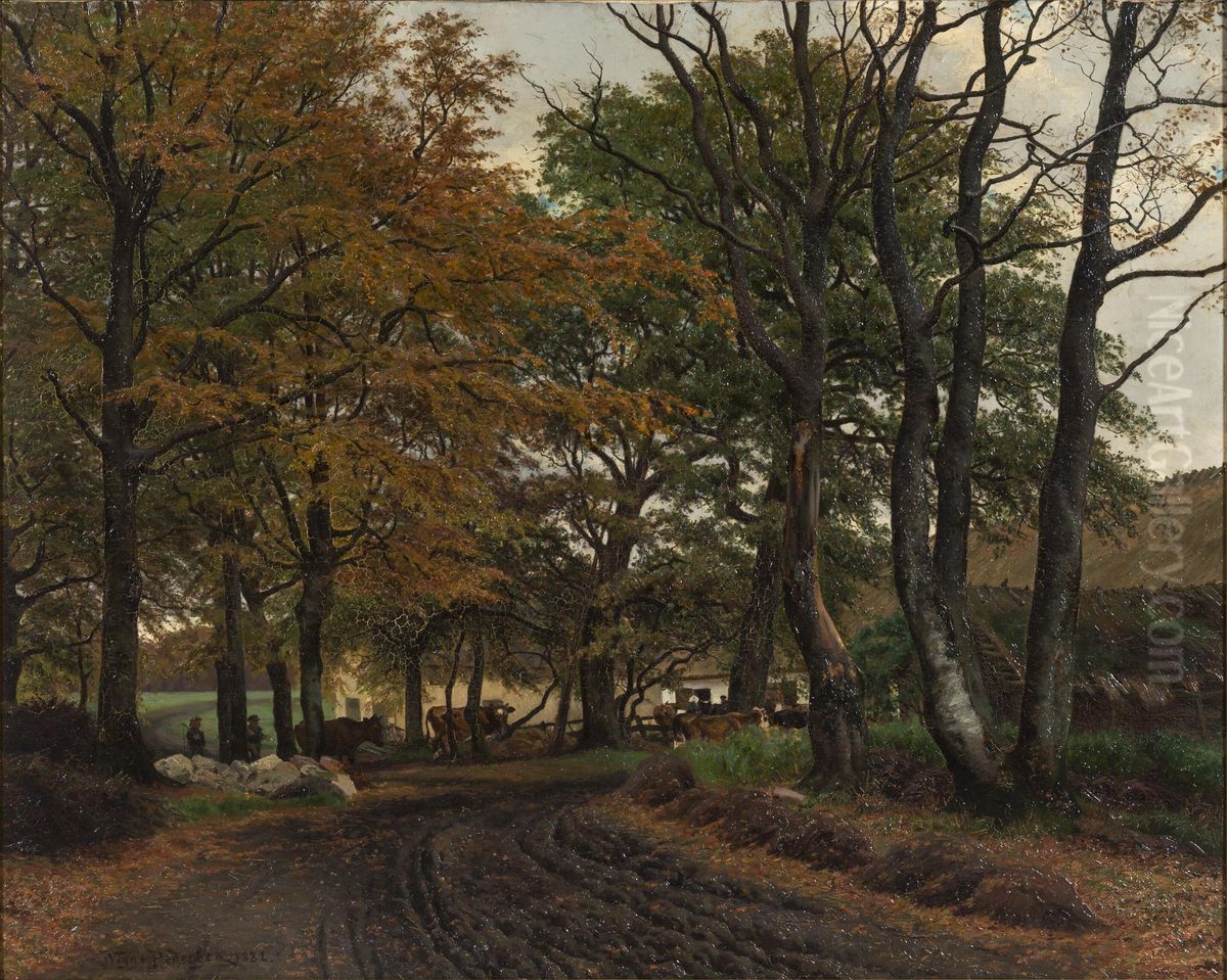 En opkort vej under gamle traeer Oil Painting by Viggo Christian Frederik Vilhelm Pedersen
