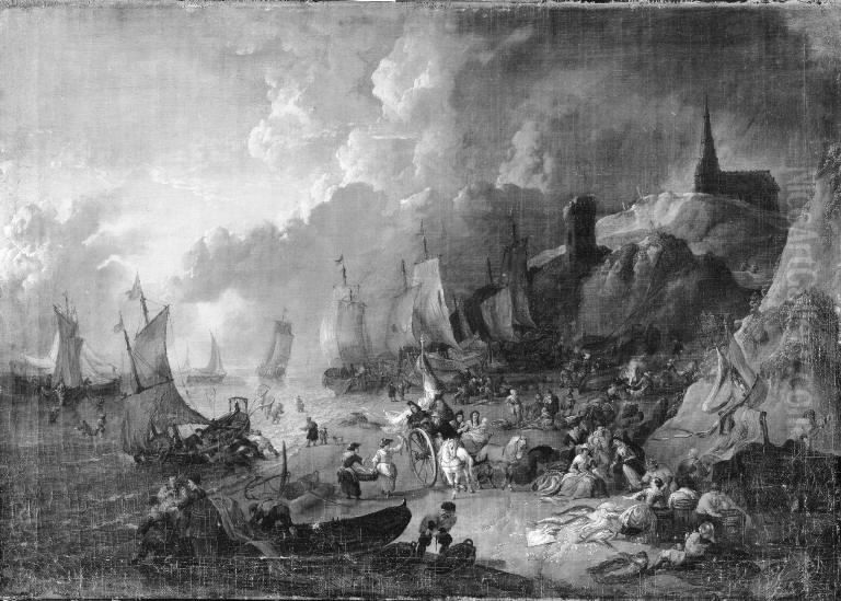 Mountainous Coast with Fishing Boats and Fishermen on the Beach Oil Painting by Lucas Smout the Younger Mountainous Coast with Fishing Boats and Fishermen on the Beach Oil Painting by Lucas Smout the Younger
